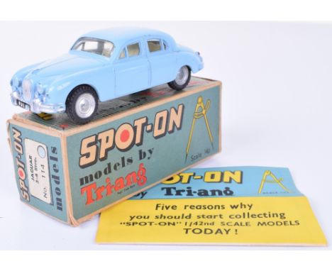 Triang Spot-on 114 Jaguar 3.4 Litre,  light blue body, cream interior, in fair to good condition, some paint chips,part of de