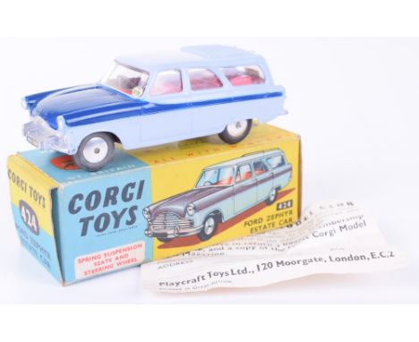 Corgi Toys 424 Ford Zephyr Estate Car, two tone blue, red interior, flat spun wheels, in excellent condition, with a very goo