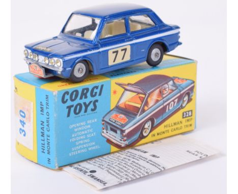 Corgi Toys 340 Monte Carlo Sunbeam Imp, metallic blue body, white interior, cast wheel hubs, in near mint condition, front su