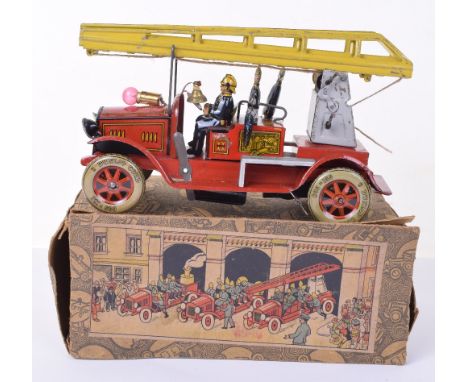 Tipp & Company-Tippco (German) Scarce  Tinplate Fire Engine, red body, tin printing, yellow extending ladder, four seated fir