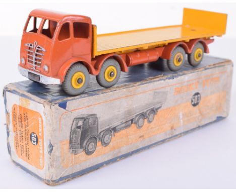 Dinky Toys rare boxed orange and yellow 503 Foden Flat truck with tailboard, 2nd type orange cab and chassis, yellow flatbed 