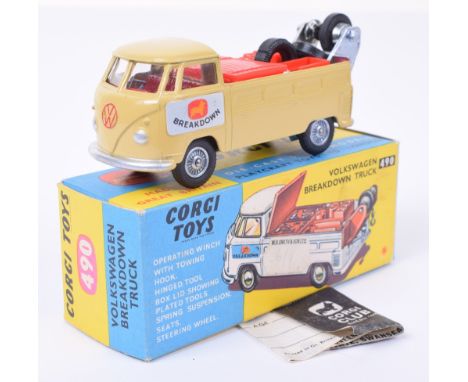 Corgi Toys 490 Volkswagen Breakdown Truck, olive green body, red interior, ‘Breakdown’ door labels, cast wheel hubs, in mint 