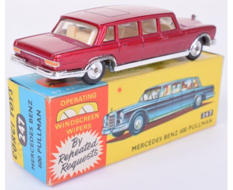 Corgi Toys 247 Mercedes Benz 600 Pullman, metallic red body, cream interior, chrome trim, spun wheels, working windscreen wip