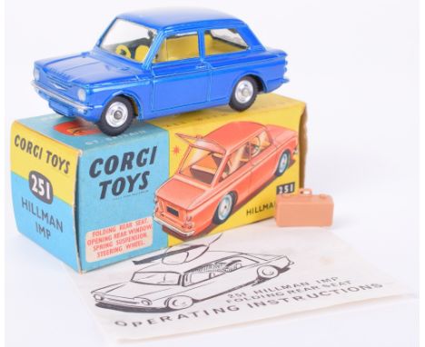 Corgi Toys 251 Hillman Imp, metallic blue body, yellow interior, spun wheel hubs, complete with suitcase, operating instructi