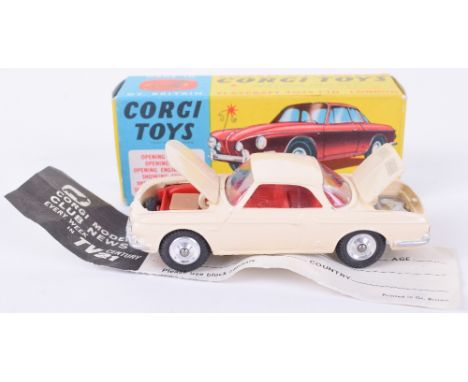 Corgi Toys 239 Volkswagen 1500 Karmann Ghia,cream body, red interior, spun wheel hubs, in near mint original condition, compl