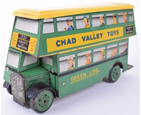 Chad Valley tinplate c/w Green Line Double Decker biscuit tin bus, green with repainted yellow detachable roof, tin printed A