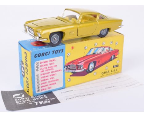 Corgi Toys 241 Chrysler Ghia L.6.4, scarce metallic lime body, yellow interior, cast wheel hubs, in mint original condition, 