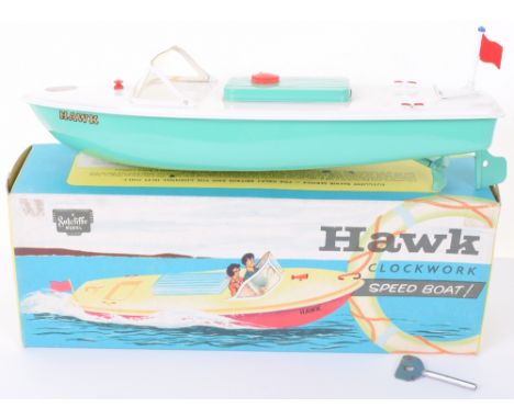Sutcliffe Model Hawk Clockwork All Metal Speedboat, circa 1968, light green hull, white deck, light green hatch, Hawk decal t