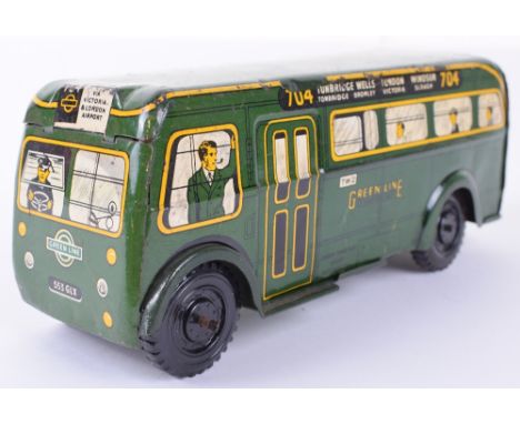 Brimtoy tinplate friction driven Green Line Single Decker bus 704, green, tin printed details, Tunbridge Wells to Windsor des