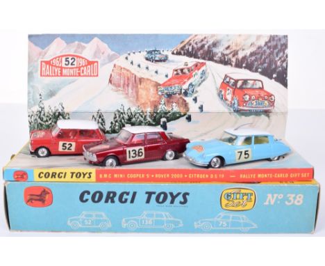 Corgi Toys Rallye Monte Carlo Gift Set 38, with 318 Mini Cooper S red body/interior, spun wheel hubs, no ‘52’ 322 Rover 2000,