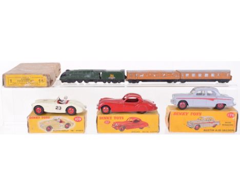 Dinky three boxed cars and an Express Train, 157 Jaguar XK120 Coupé red with red hubs, generally good condition, box fair, cr