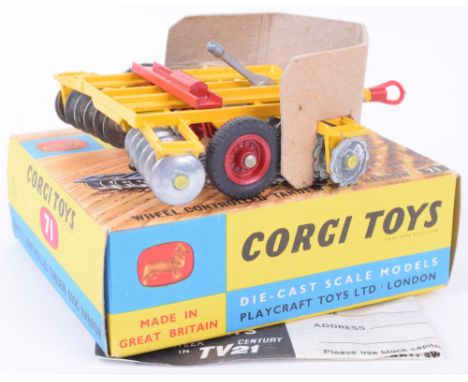 Corgi Toys 71 Wheeled Controlled Tandem Disc Harrow, red/yellow, red diecast wheel hubs, in original near mint boxed conditio