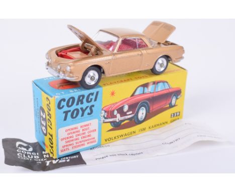 Corgi Toys 239 Volkswagen 1500 Karmann Ghia, gold body, red interior, spun wheel hubs, in mint original condition, complete w