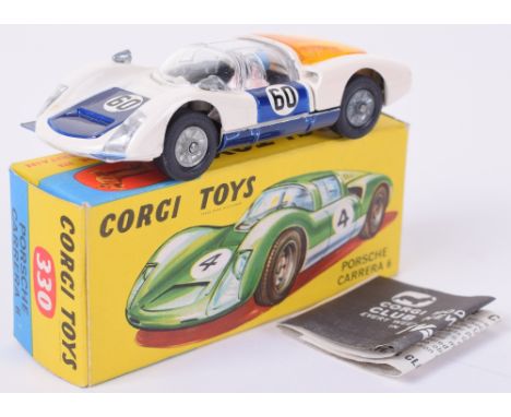 Corgi Toys 330 Porsche Carrera 6, white body, blue doors/bonnet, racing no 60, yellow engine cover, cast wheels, black interi