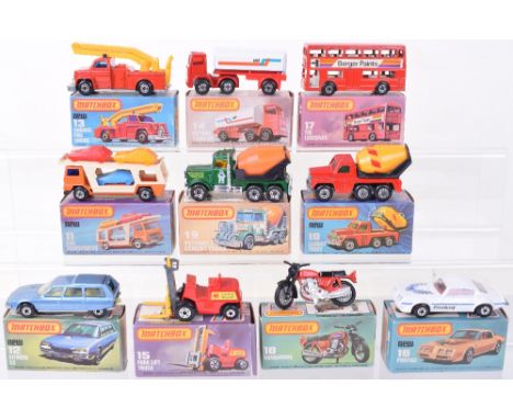 Ten boxed Matchbox Superfast models, 11 Car Transporter, 12 Citroen CX, 13 Snorkel Fire engine, 14 Petrol tanker ELF, 15 Fork