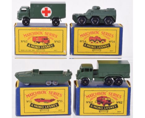 Four boxed Matchbox Moko Lesney Army models, 54a Saracen Personnel carrier, BPW, 55a DUKW Amphibian, MW, 62a AEC General Serv