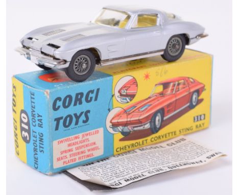 Corgi Toys 310 Chevrolet Corvette Sting Ray, silver body, yellow interior, spoked wheel hubs, in mint original condition, Cor