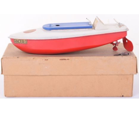 Very Rare Sutcliff Racer I Speedboat 1st version, circa 1932,  red hull, white deck, blue sliding hatch, Sutcliffe model Brit
