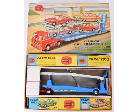 Corgi Toys Gift Set 28 Carrimore Car Transporter &amp; Four Cars, 1105 Bedford TK Car Transporter, red cab, yellow interior, 