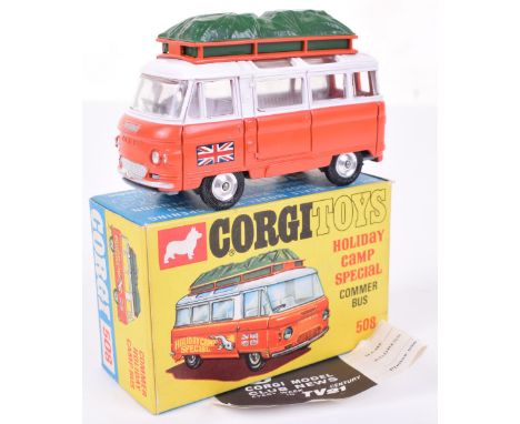 Corgi Toys 508 Holiday Camp Special Commer Bus, white/orange body, covered luggage, spun wheel hubs, in mint original conditi
