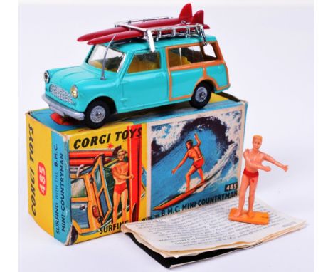 Corgi Toys 485 Surfing with The B.M.C. Mini Countryman, turquoise body, yellow interior, silver grille, cast wheel hubs, comp