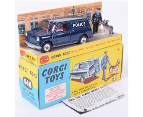 Corgi Toys 448 B.M.C. Mini Police Van with Tracker Dog, dark blue body, red interior, spun wheel hubs, dog handler with lead 