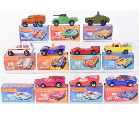 Ten boxed Matchbox Superfast Rola-Matic models, 10 Piston Popper, 16 Badger, 20 Police Patrol, 28 Stoat, 35 Fandango, 39 Clip