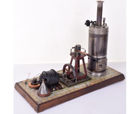 Bing vertical Stationary steam engine, German early 20th century, mounted on wooden base with tin tile effect base, operating