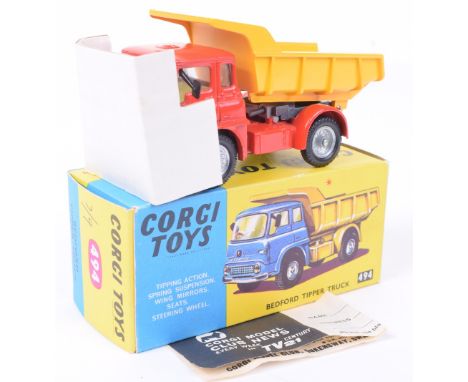 Corgi Toys 494 Bedford TK Tipper Truck, red cab/chassis, yellow tipper/interior, cast wheel hubs, in mint original condition 