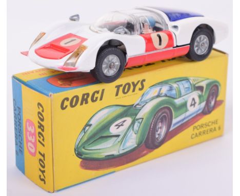 Corgi Toys 330 Porsche Carrera 6, white body, red doors/bonnet, scarce racing no 1, blue engine cover, cast wheels, black int