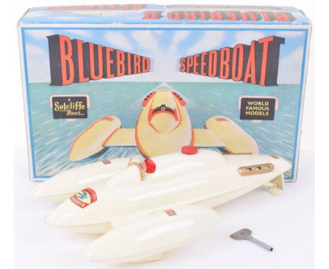 Sutcliffe Bluebird II Speedboat, circa 1958, cream body, windscreen, Union Jack- “Bluebird” decals, complete with key still i