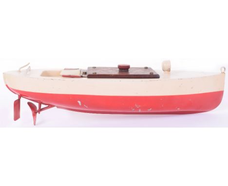 1930’s Sutcliffe Minx Speedboat, red/cream body, fold down windscreen, single large vent to front on foredeck, working clockw
