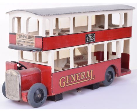 Tri-ang Toys wooden General Motor Double Decker bus Service 123, 1930s, finished in red and white with grey roof, battery box