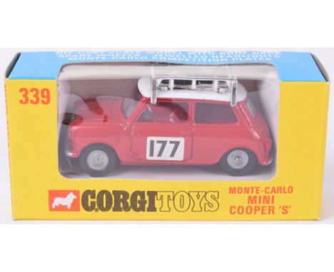 Corgi Toys 339 Monte Carlo 1967 Winner B.M.C Mini Cooper S-3rd issue, red body, white roof, red interior, cast wheel hubs, in
