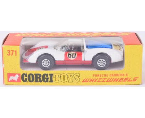 Corgi Toys 371 Porsche Carrera 6, white body, red doors/bonnet, dark red base, racing no 60, blue engine cover, Whizzwheels, 