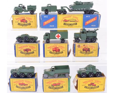 Eight Matchbox Moko Lesney Military Models, M3 Major Pack Tank Transporter and Centurion Tank, 49a Personnel carrier, 54a Sar