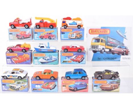 Ten Boxed Matchbox Superfast Models,1 Dodge Challenger, 3 Porsche Turbo, 9 Ford RS.2000, 11 Car Transporter, 13 Snorkel Fire 