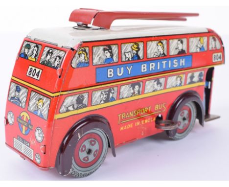 Brimtoy tinplate c/w Double Decker Trolley bus 804, red with white roof and tin printed Buy British and British Toys are Best