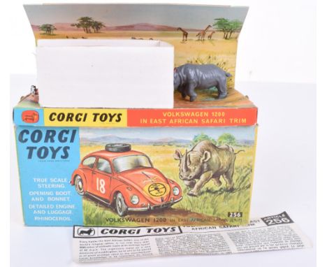 Boxed Corgi Toys 256 Volkswagen 1200 in East African Safari Trim, orange body, brown right hand drive interior, spun wheel hu