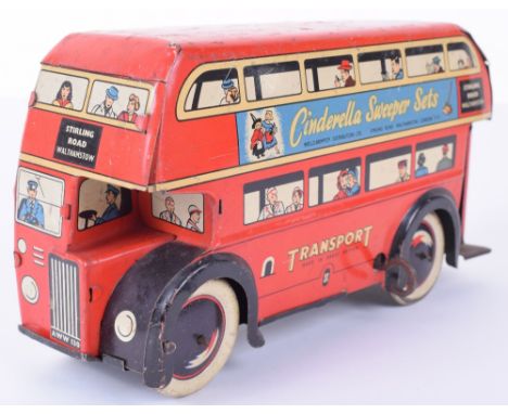 Wells-Brimtoy tinplate c/w Transport Double Decker bus, red with tin printed Stirling Road Walthamstow destinations, Cinderel