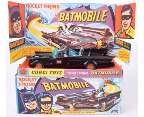 Corgi Toys 267 Rocket Firing Batmobile, gloss black, red bat hubs, blue tinted windscreens, with "Batman &amp; Robin" figures