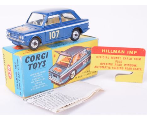Corgi Toys 328 Hillman Imp 1966 Monte Carlo, metallic dark blue, white interior, spun wheel hubs, no:107, in near mint origin