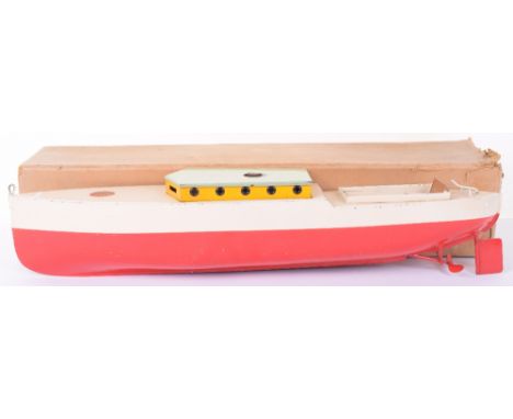 Rare Sutcliffe 20” Clockwork Empress Cabin Cruiser, circa 1935, red/white hull/deck, light green/yellow cabin, wooden seat, n