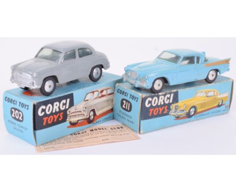 Corgi boxed 202 Morris Cowley Saloon and 211 Studebaker Golden Hawk, 202 Morris, grey with flat spun hubs, Join Corgi Model C