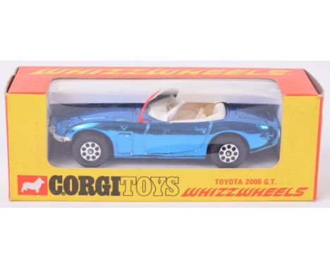 Corgi Toys 375 Toyota 2000 GT, metallic candy blue body, white interior, Whizzwheel hubs, in mint original condition, red/yel