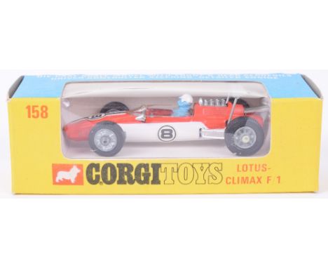 Corgi Toys 158 Lotus Climax Formula 1 Racing Car, orange / white body, blue driver, controlled steering, no ‘8’ cast wheels, 