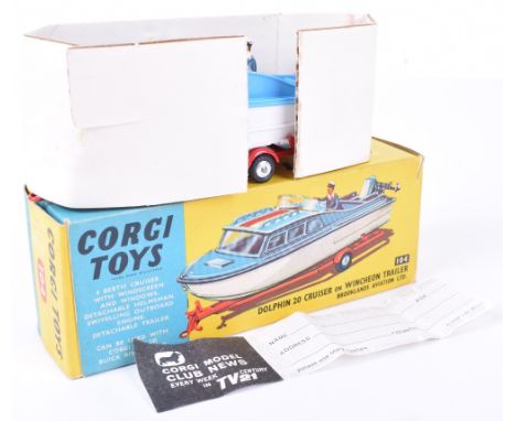 Corgi Toys 104 Dolphin 20 Cruiser on Wincheon Trailer, blue/white plastic boat, red trailer, flat spun wheel hubs, helmsman f