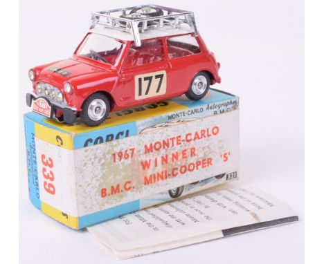 Corgi Toys 339 Monte Carlo 1967 Winner B.M.C Mini Cooper S- 1st issue- red body, white roof, red interior, , spun wheel hubs,