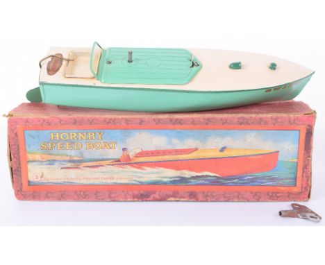 Hornby Speed Boat No 2 “Swift” green/cream tin plate body, working clockwork motor, with key, in good original condition, com