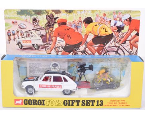 Corgi Toys Gift Set 13 Renault R16 Tour De France Paramount Film Unit, white/black Renault, cast wheel hubs, red interior, ca